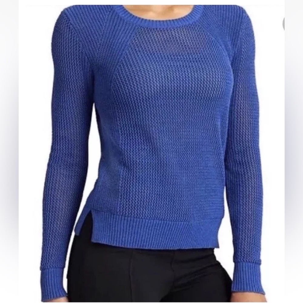 Athleta Mesh Pullover Sweater‎ Caspian Blue Size Small Knit Open Weave Summer